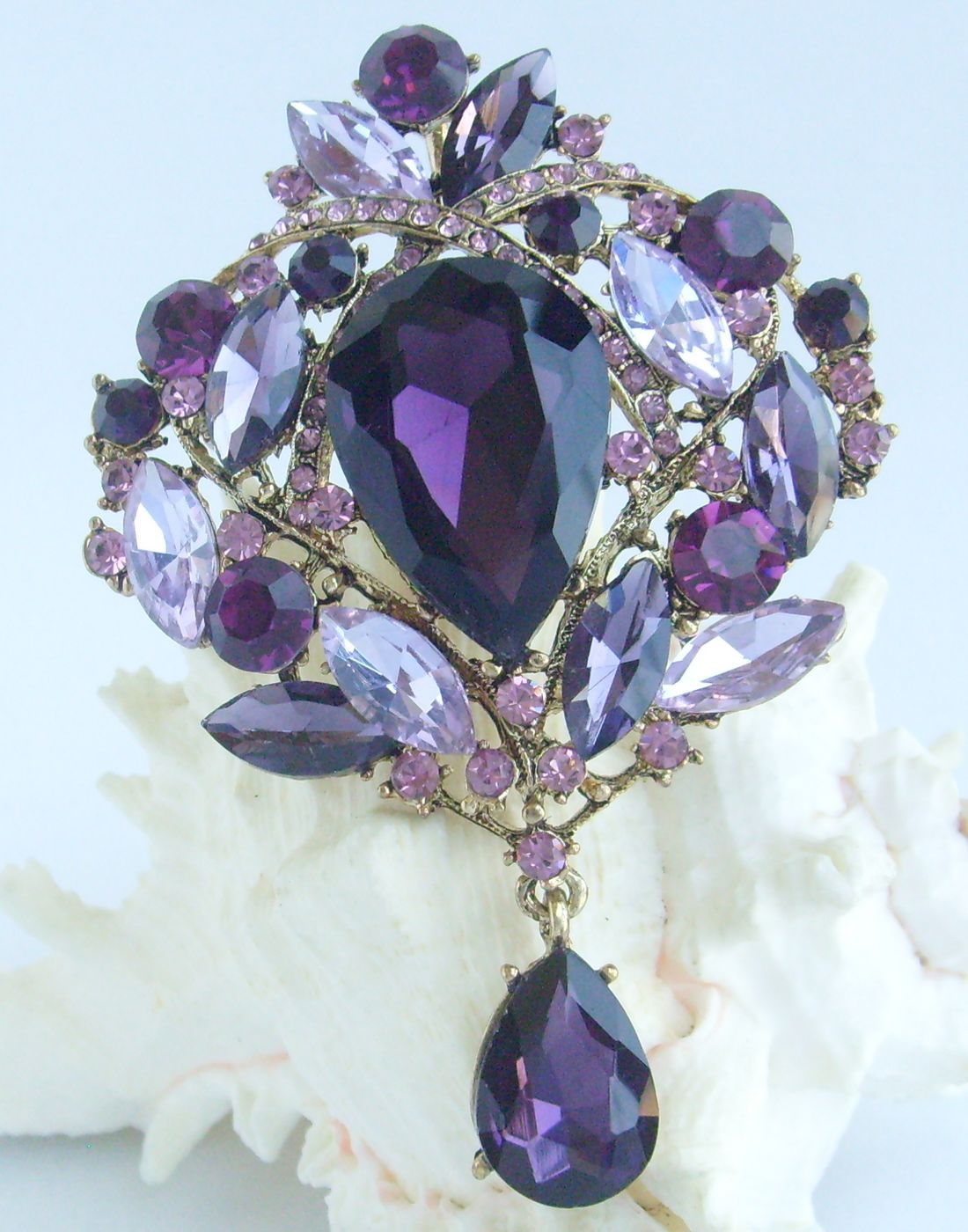 Luxury 3.54″ Purple Rhinestone Crystal Teardrop Brooch Pin Pendant 04082C7