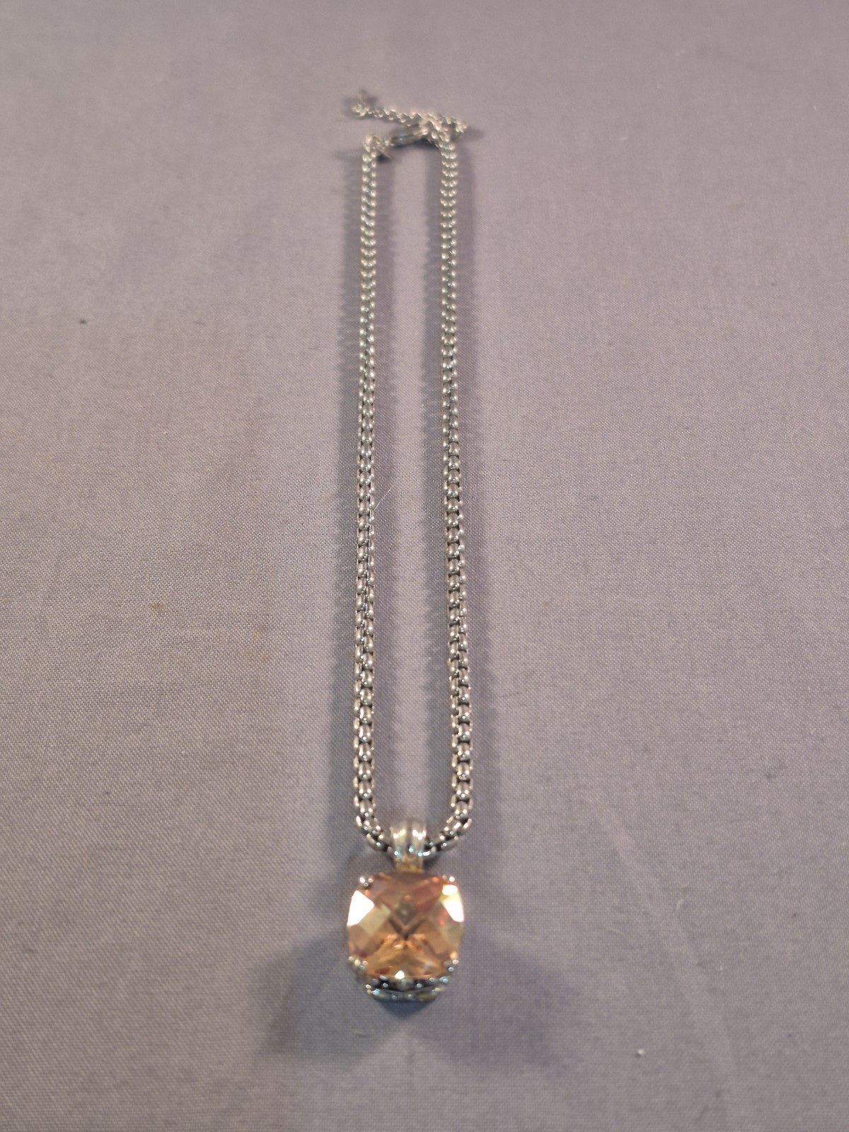 Woman’s Cubic Zirconia 15 In. Necklace Amber Stone Square Setting Silver Chain
