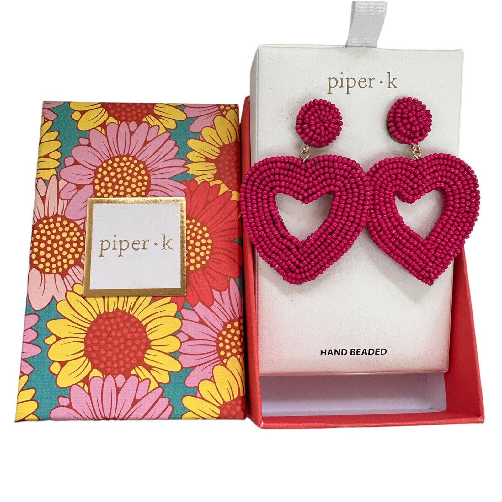 NEW Piper K Hand Beaded Pink Heart Shaped Post Dangle Drop Earrings