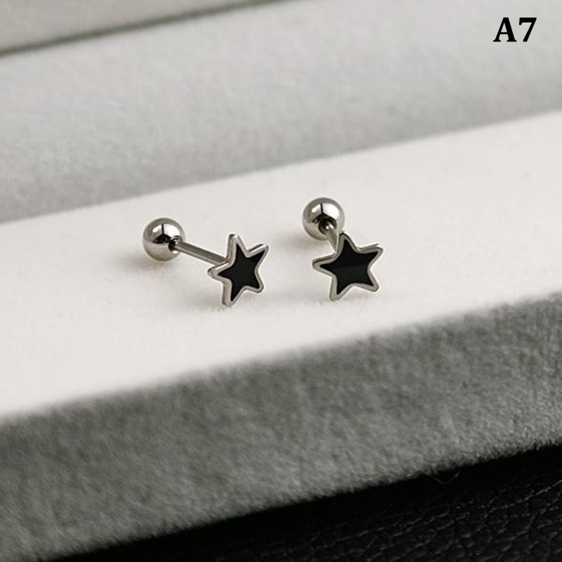 Silver Black Heart Star Round Small Stud Earrings for Women Ear Studs Jewelry