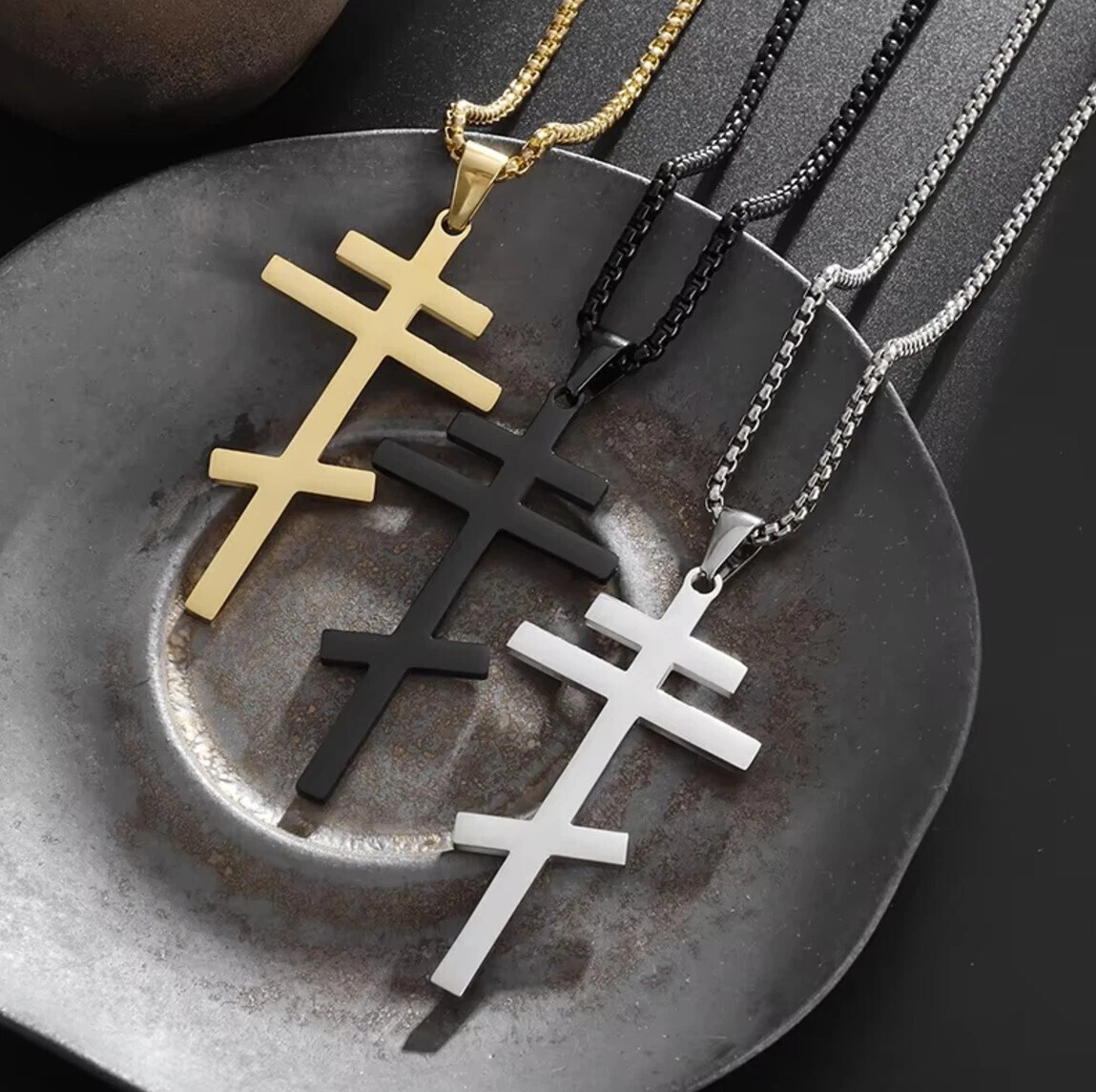 Cross Necklace, Eastern Orthodox, Stainless Steel Pendant, Men, Russian, Greek