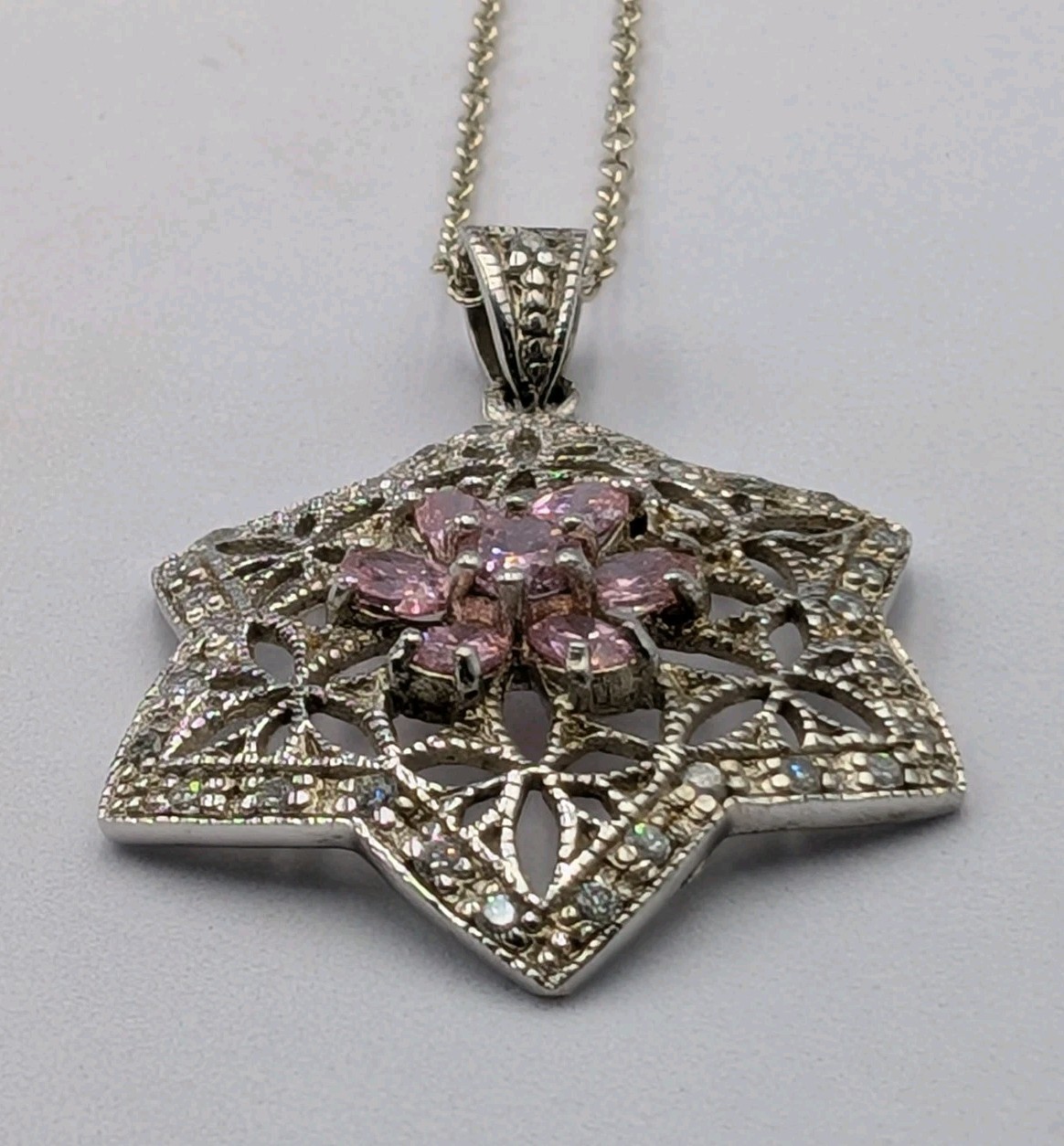 Sterling Silver Pink White CZ Flower Star Of David Pendant 16.25″ Cable Necklace
