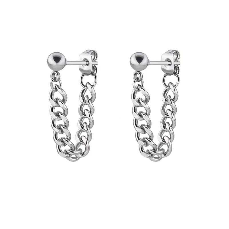 Men’s Silver Black Cuban Link Chain Stud Earrings Surgical Steel Drop Dangle