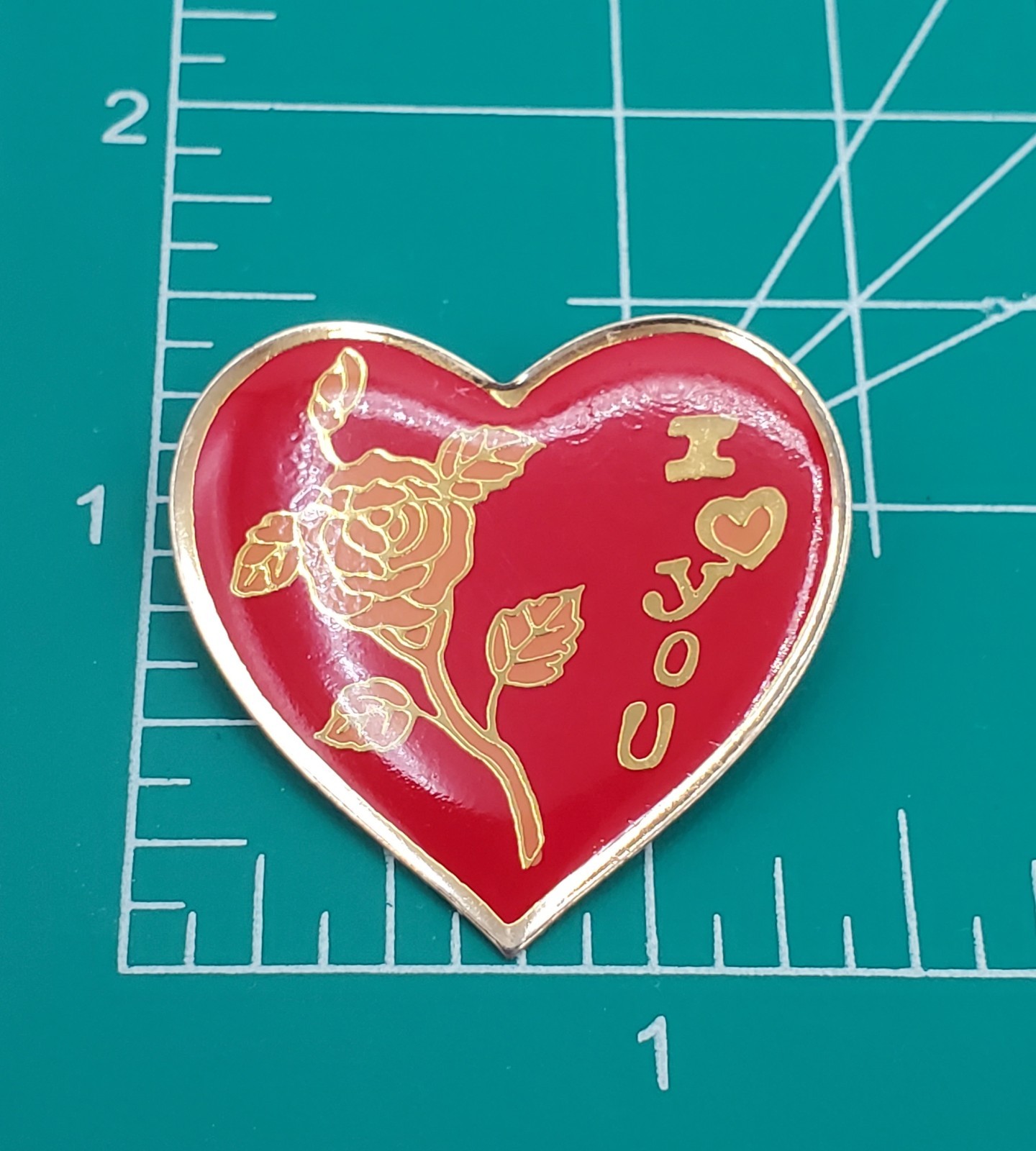 I Heart You Rose Pin 1.25in Red Gold Tone Enamel I Love You VTG Estate Brooch