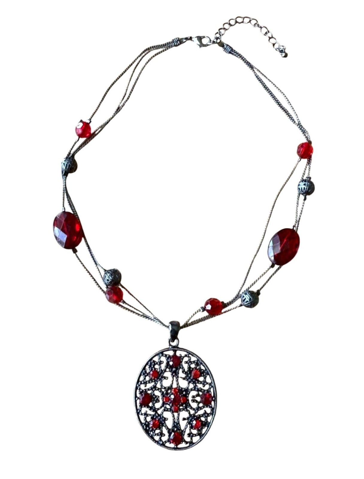 Gun Metal Red Rhinestone Crystal Multi-Strand Chain Filigree Pendant Necklace