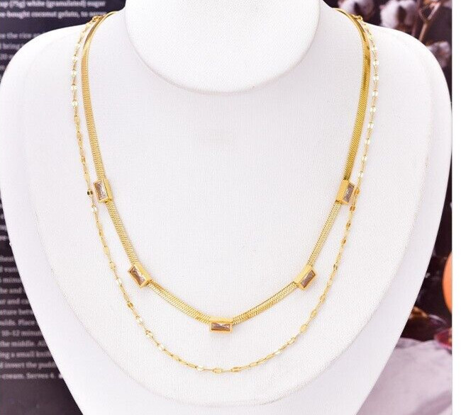 Vintage 18kgp Cubic Zircon Rectangular Double Layered Necklace