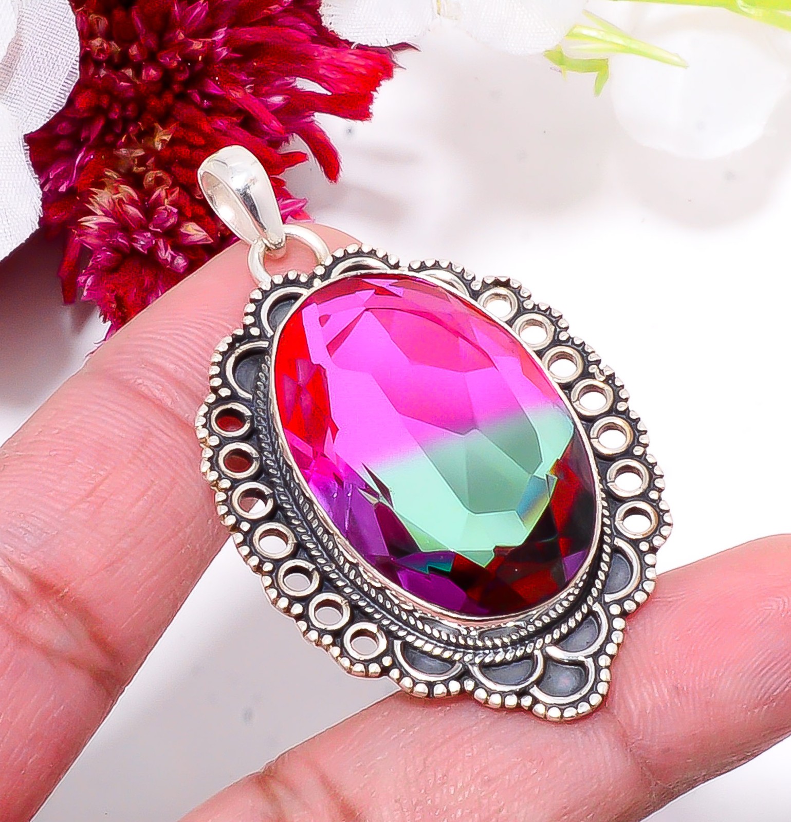 Bi-Colour Tourmaline Gemstone 925 Sterling Silver Bali Pendant 1.95″ Sku60