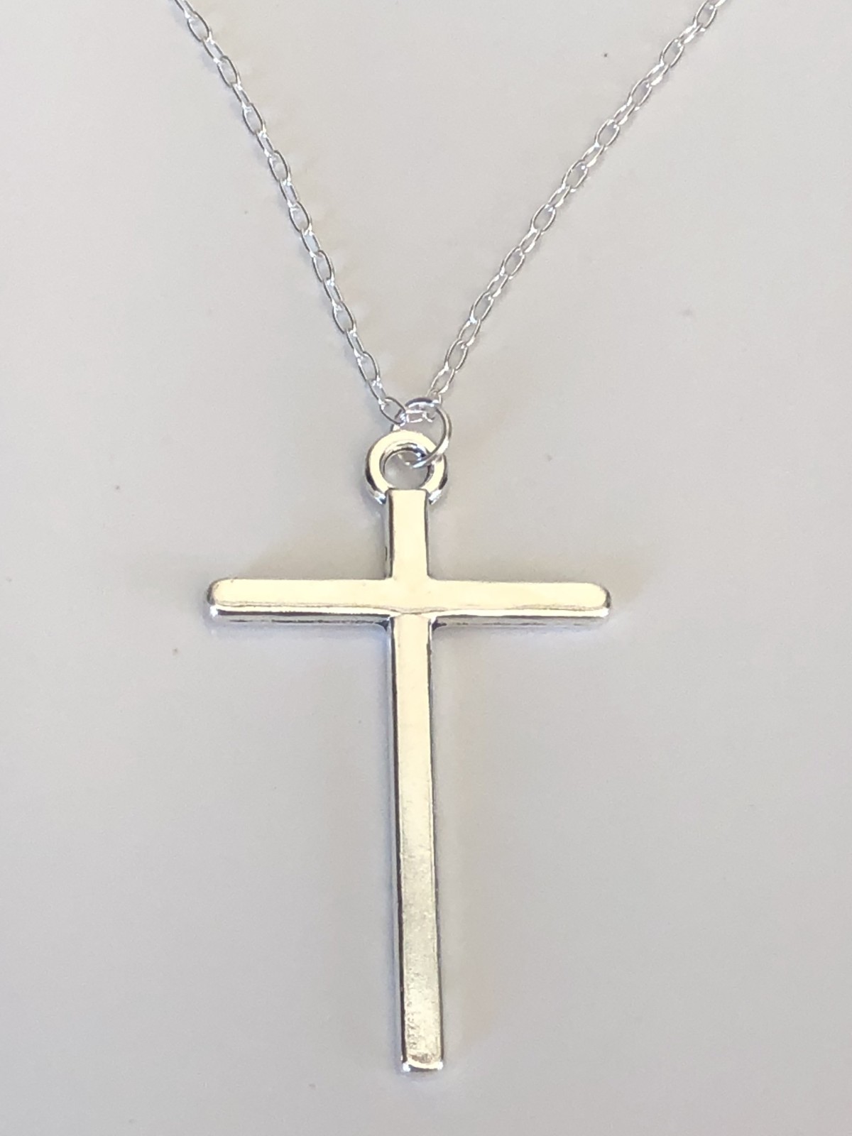 Cross Long Solid 4.5cm Charm Pendant Sterling Silver Necklace Chain 45cm