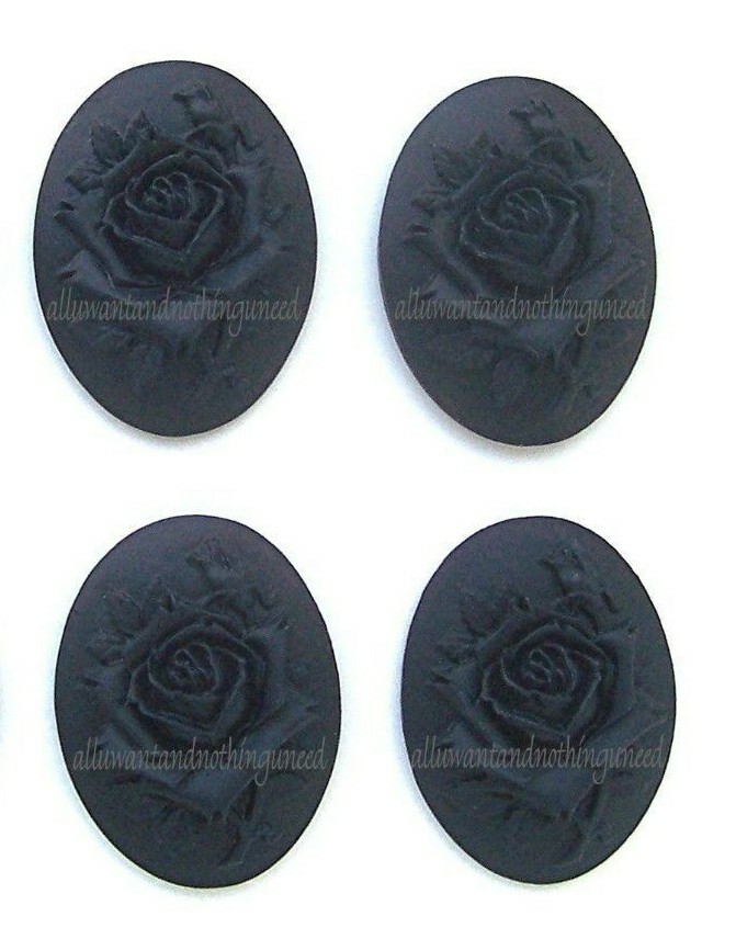 4 Unset Goth Emo BLACK ROSE on BLACK 40mm x 30mm Costume Jewelry Craft CAMEOS