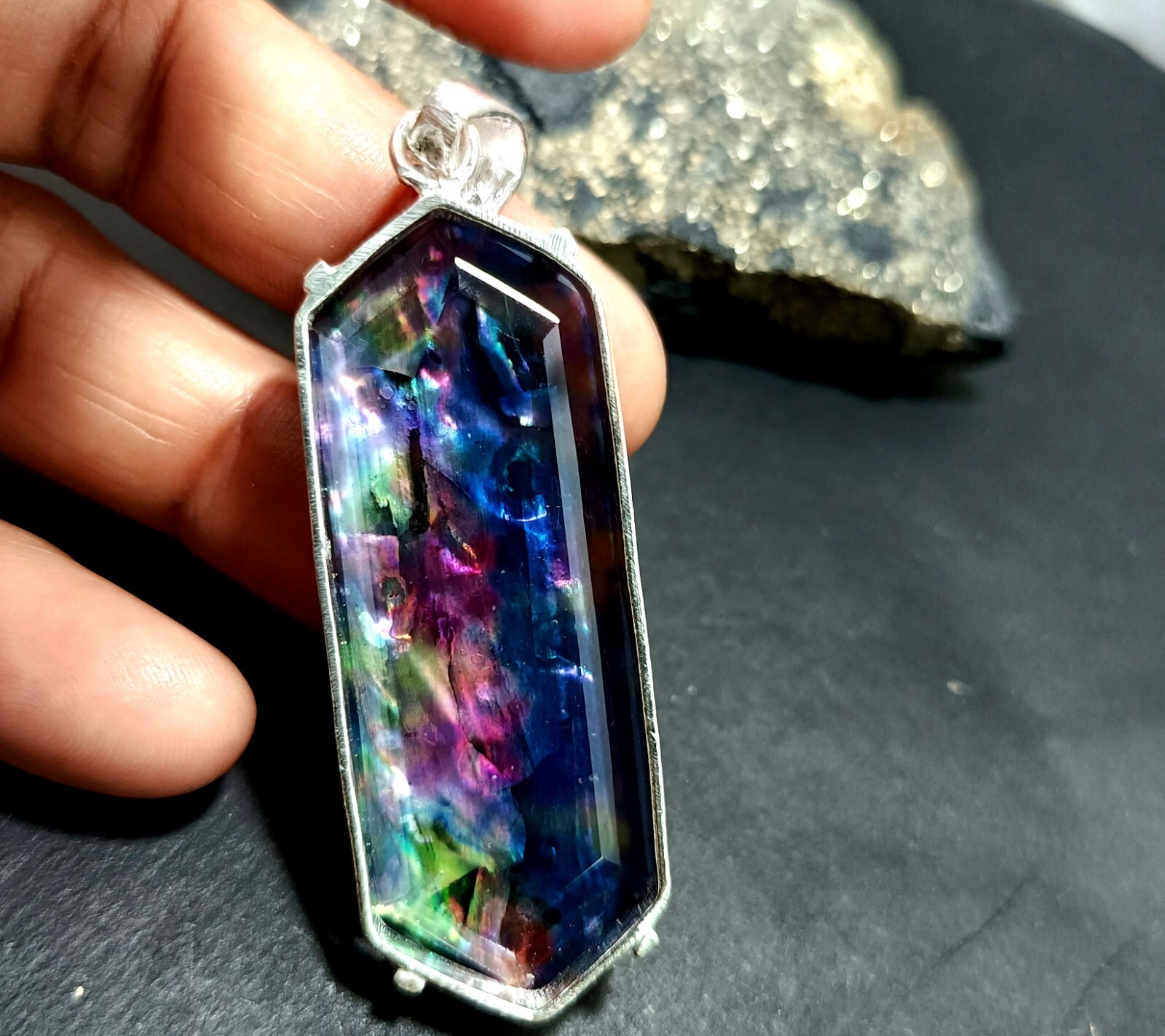 Certified 91.35 Ct Natural Ammolite 925 Solid Silver Pendant Loose Gemstone