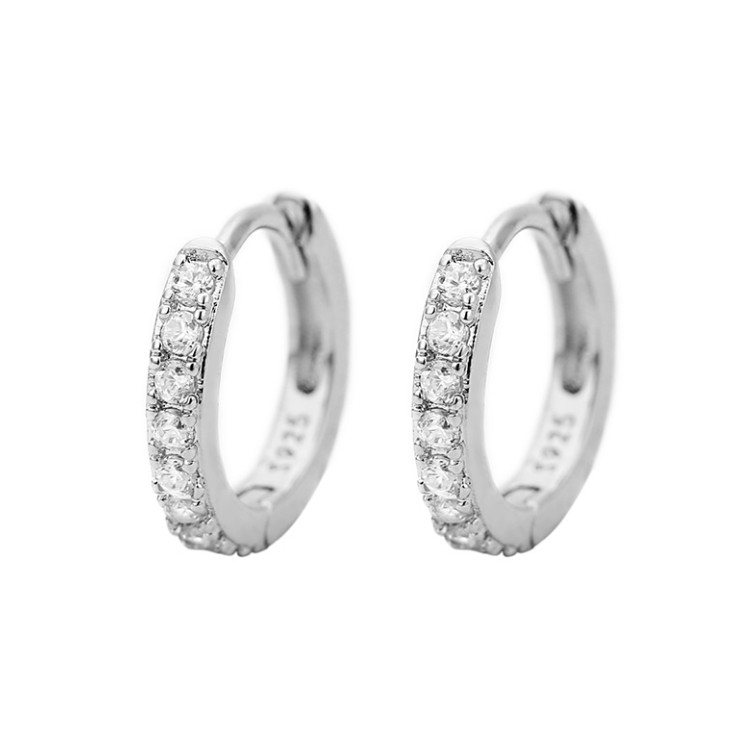 A Pair Women Girl 925 Sterling Silver Plated CZ Round Huggie Hoop Earrings
