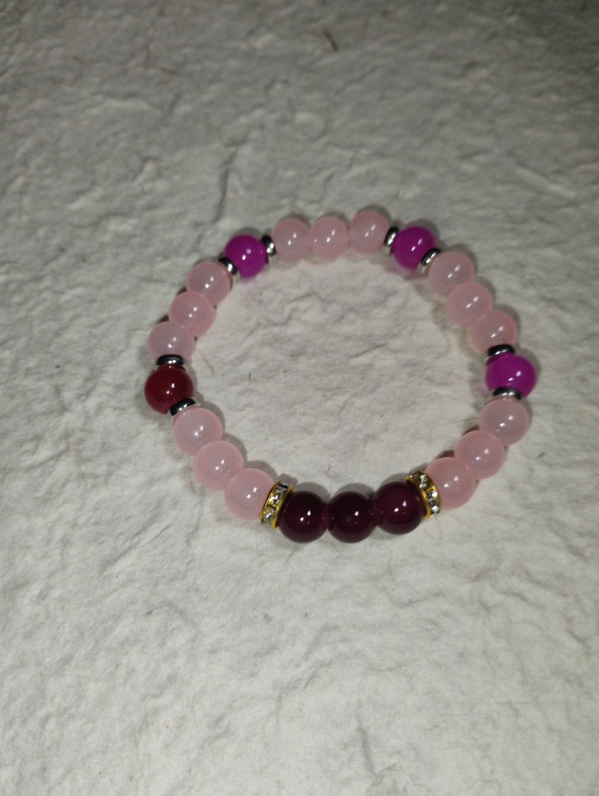 Pink And Red Glass Hand Beaded Bracelet With Gold-Tone Spacers