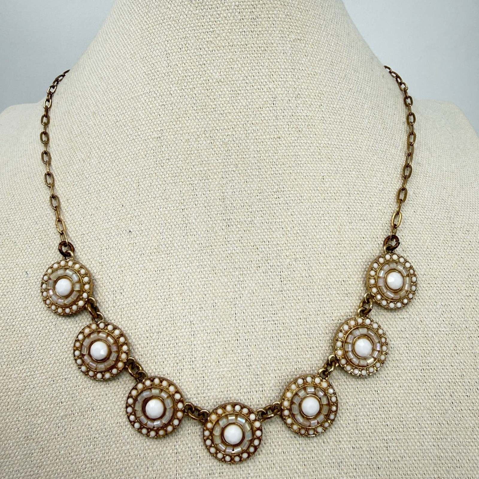 Iridescent Medallion Necklace Statement Bib Gold Tone White Cabochon
