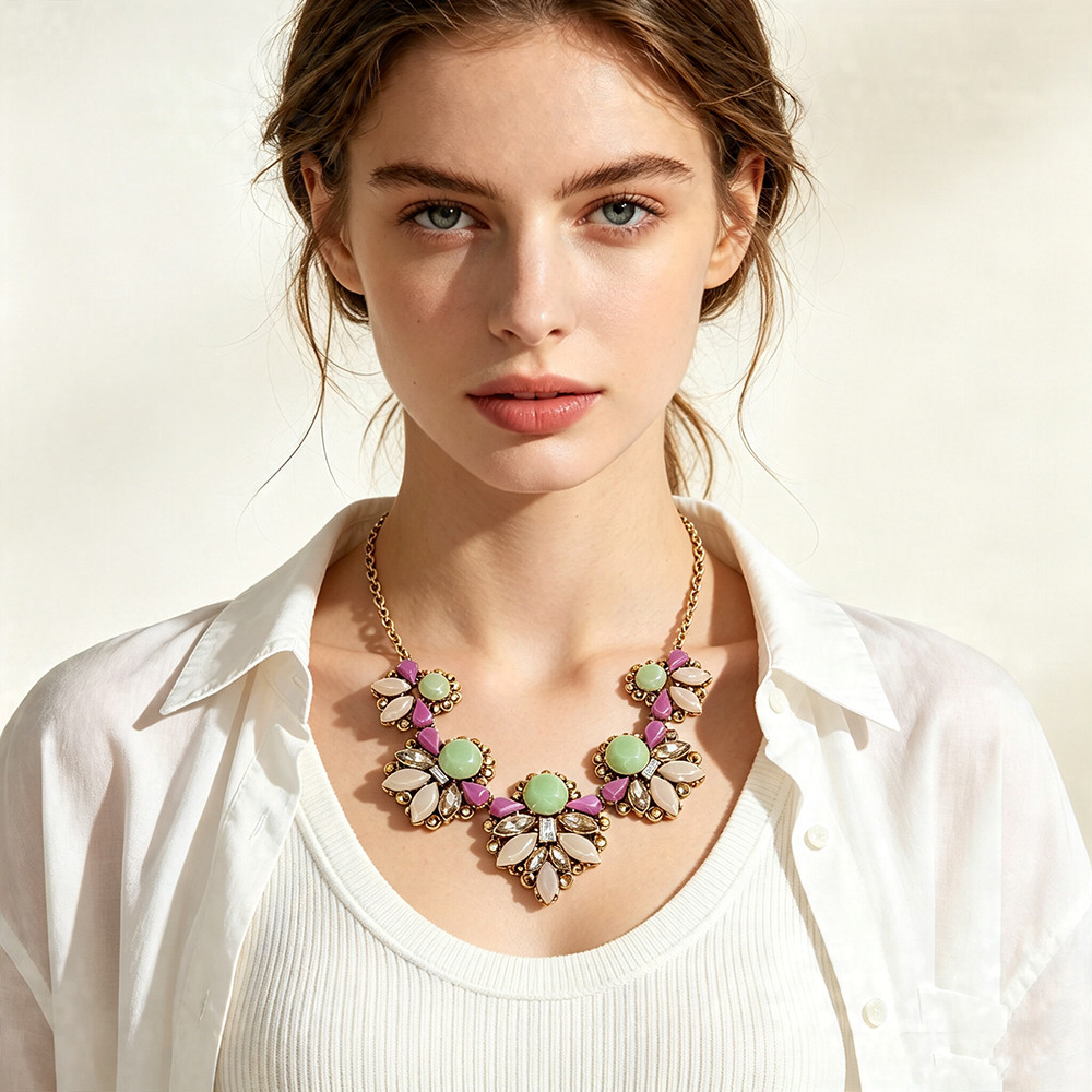 Vintage Colorful Resin Floral Bib Necklace Gold Plated Rhinestone For Women