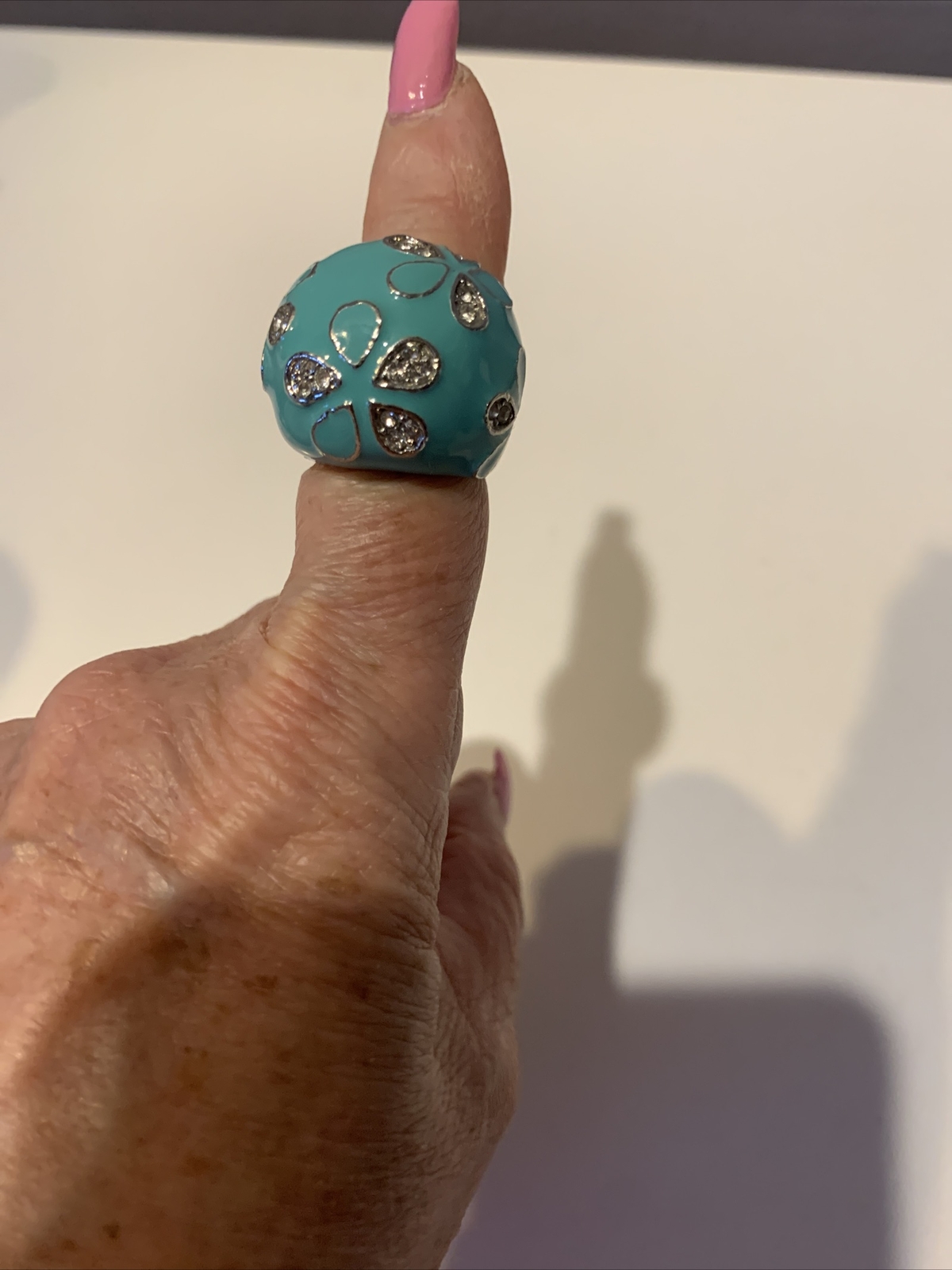 SILVER TONE FASHION TURQUOISE COLOR ENAMEL DOME RHINESTONE COCKTAIL RING SZ. 6.5