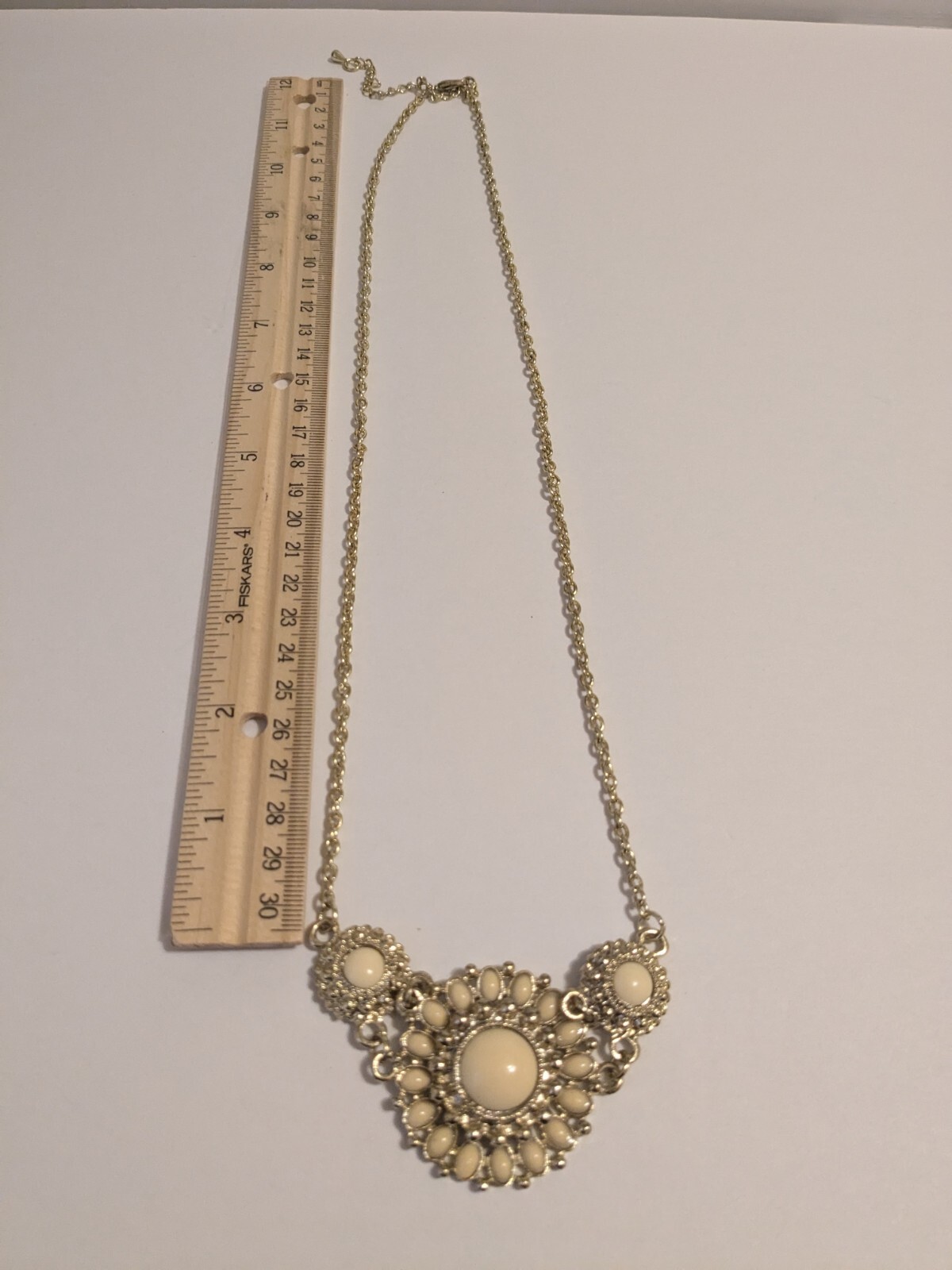 Gold Tone Flower Pendant Statement Necklace With Off White Acrylic Beads 24″.
