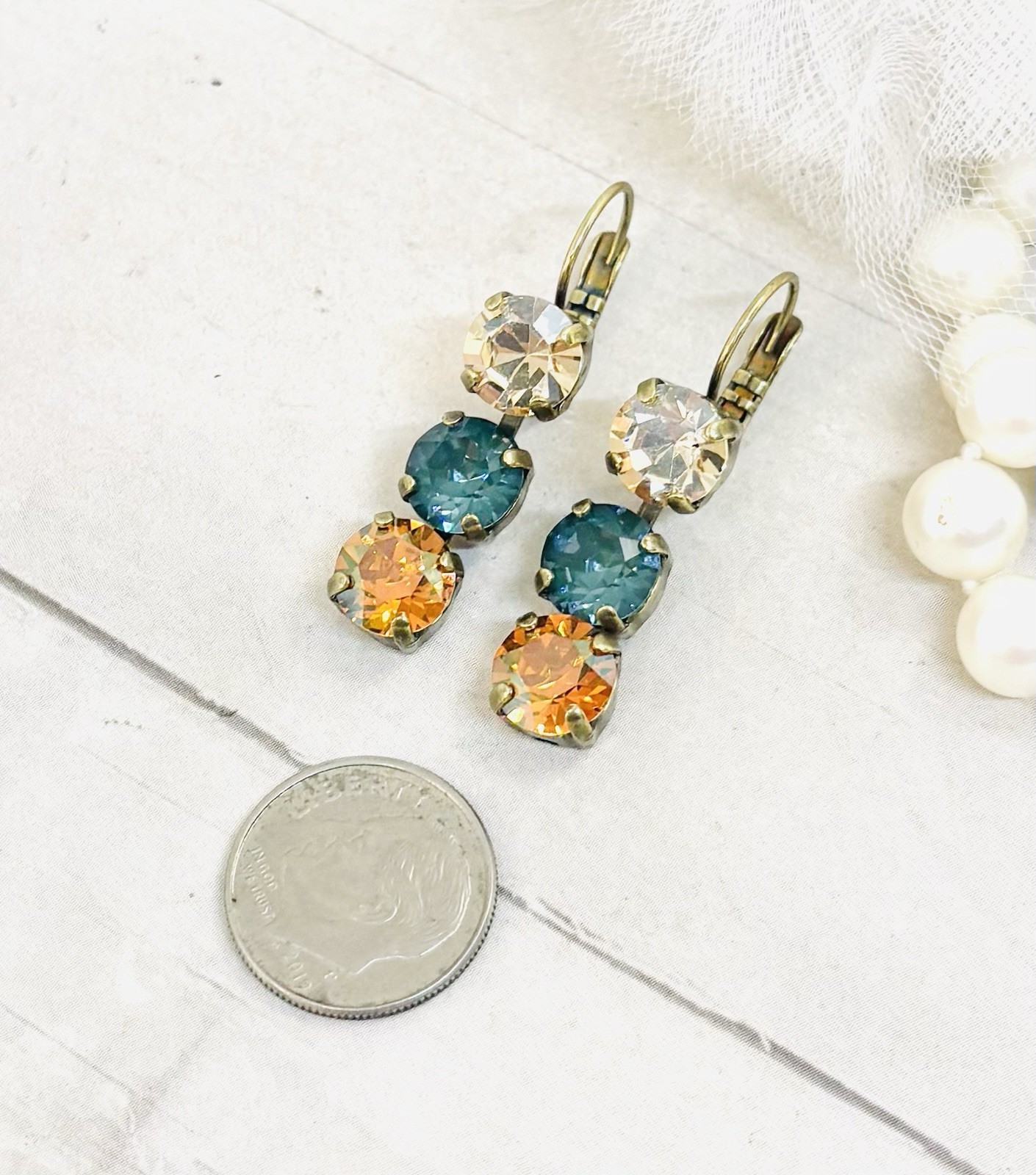 Fall Antique Brass Plated Pine Green Ignite Triple Stone Cup Chain Earrings