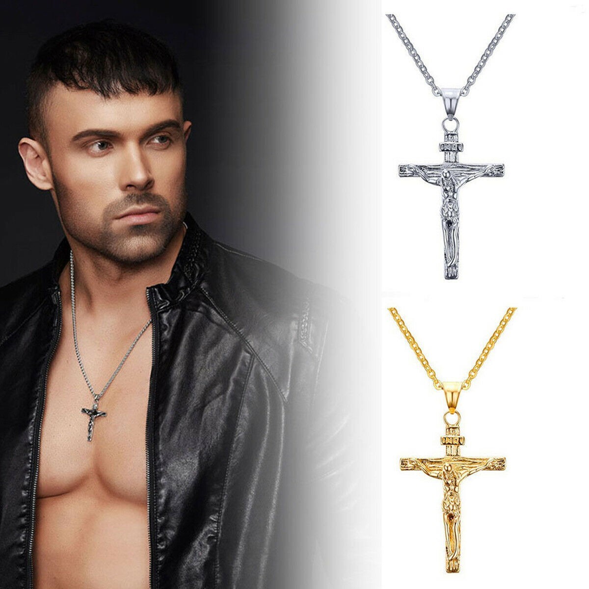 Stainless Steel Jesus Christ Crucifix Cross Pendant Chain Necklace For Men Women
