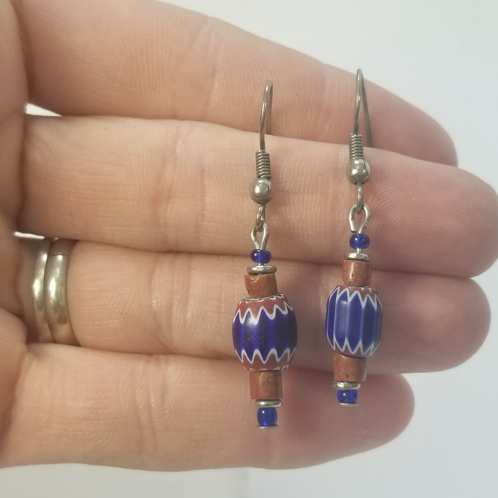 Southwest Blue Brown Silver Tone Dangle Earrings