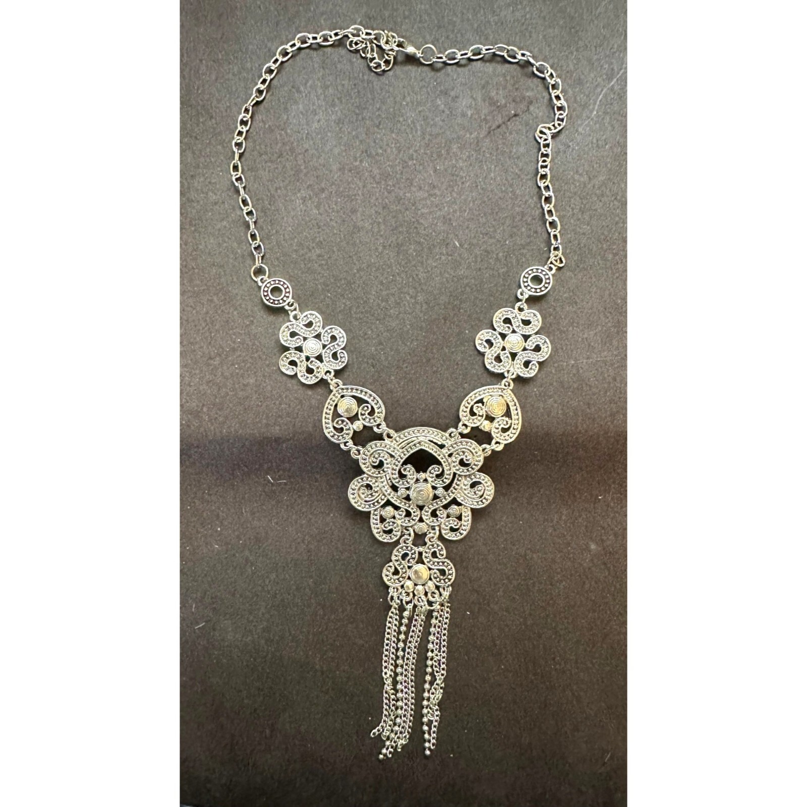 Antiqued Silvertone Filigree Necklace With Tassel Design Hearts S’s Scrolls