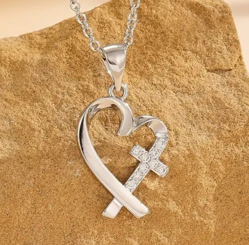 Silver Heart Cross Pendant Necklace Christian Jewelry Gift Women, Love Chain