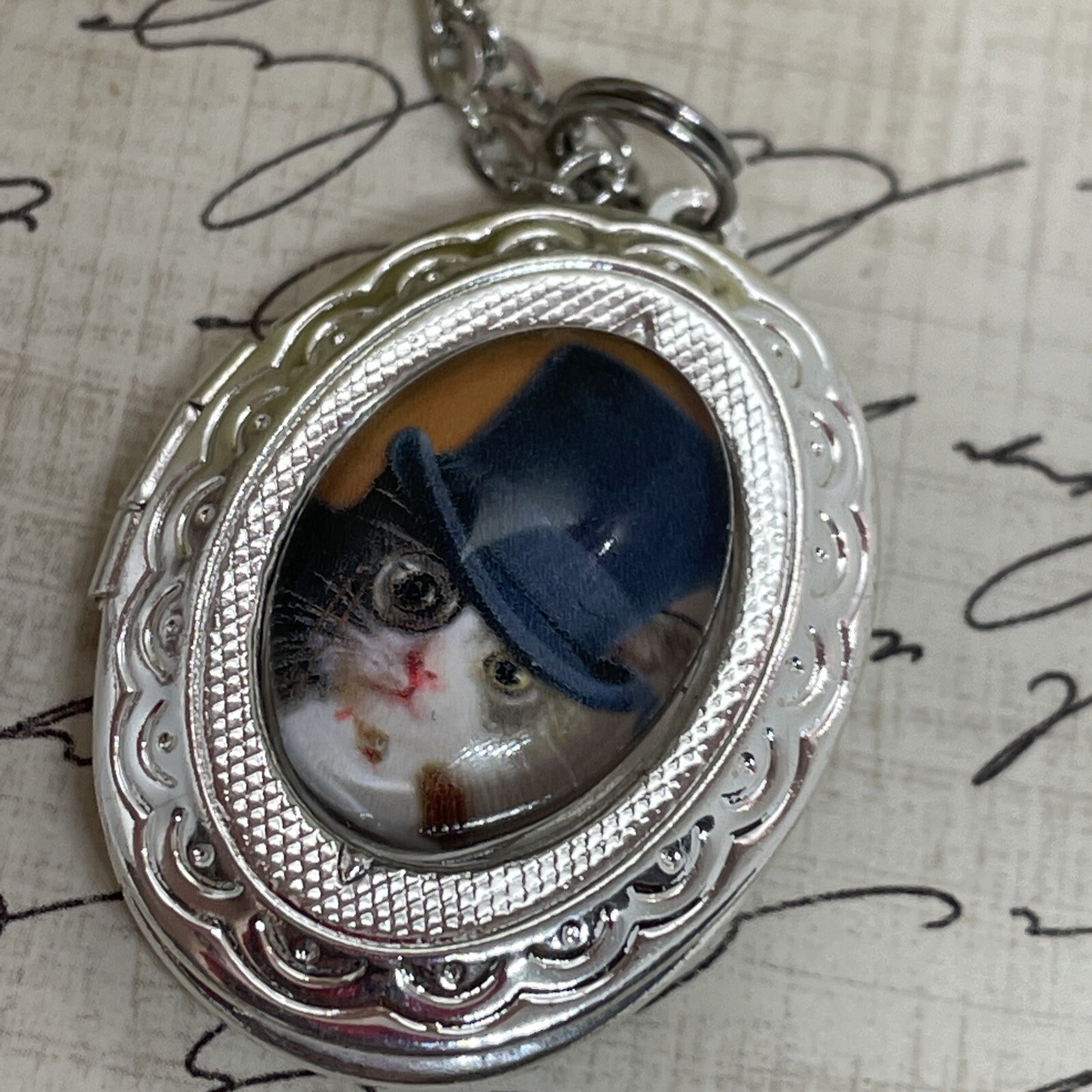 Silver Glasses Steampunk Cat Kitten Locket Necklace Pendant Wedding Top Hat
