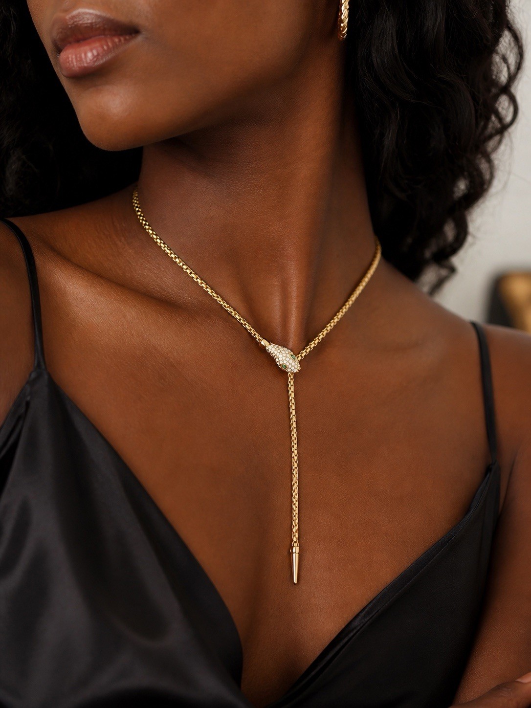 Snake Lariat Necklace Green Crystal Adjustable Waterproof Gold Tone