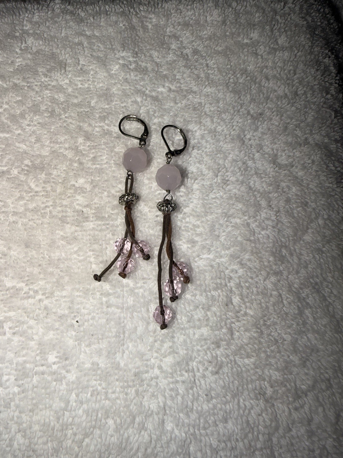 Pink Round Glass Bead Dangle/Drop Leverback Earrings Silver Tone Metal