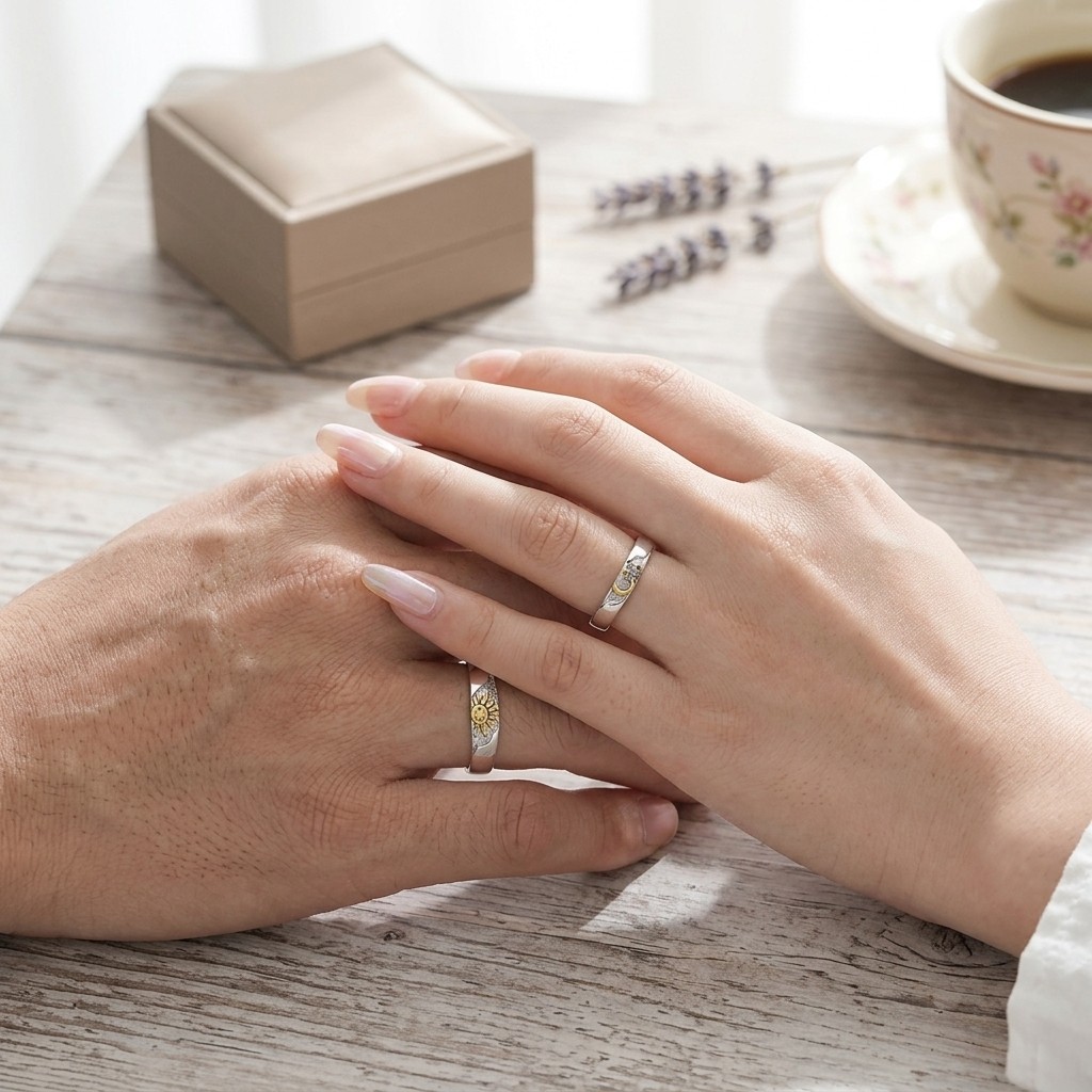 Sun Moon Star Adjustable Couple Promise Rings Set Matching Wedding Bands for Her