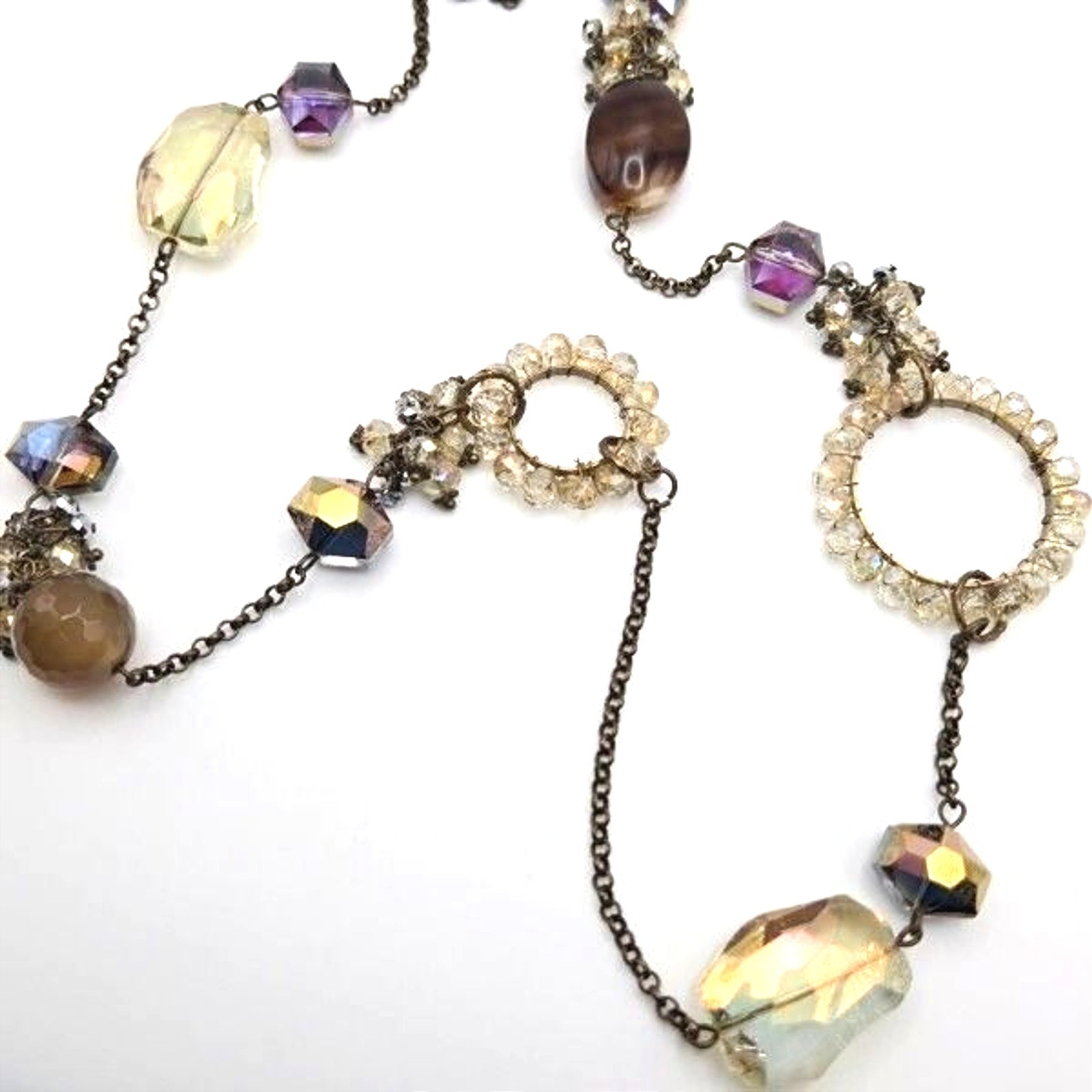 Long Bronzetone Necklace with Smoky and Purple AB Glass Beads