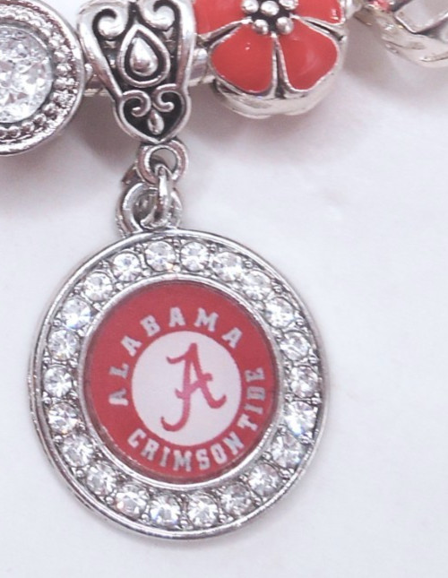 1PC ALABAMA CRIMSON TIDE RED CZ SILVER BAIL EUROPEAN BRACELET CHARM BEAD & POUCH