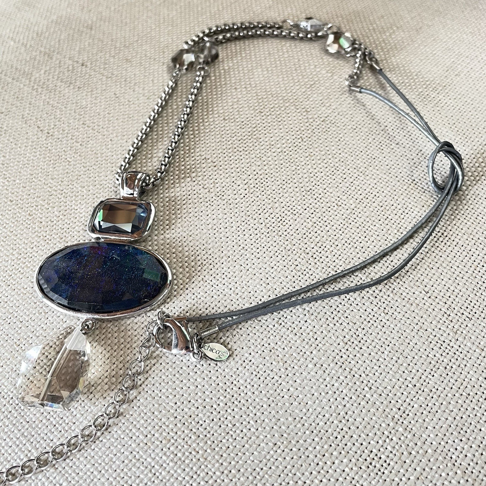 Chico’s Silver Tone Textured Chain Gray Cord Blue Jewel Charm Necklace Chic 34”