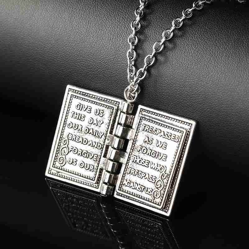 Holy Bible Book Silver Locket Necklace – Religious Prayer Christian Scripture