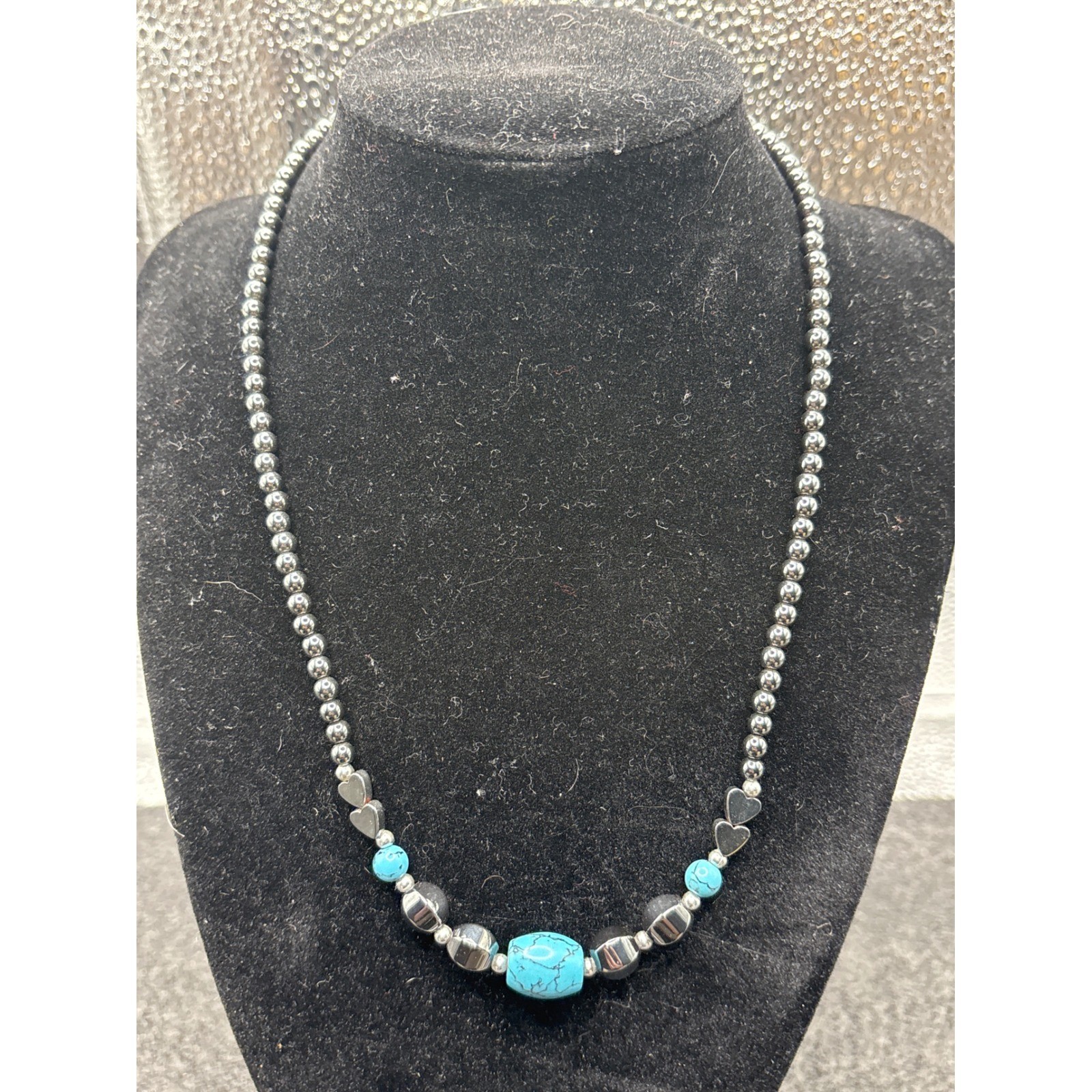Turquoise Heart Hematite Beaded Necklace Southwestern Boho Chic