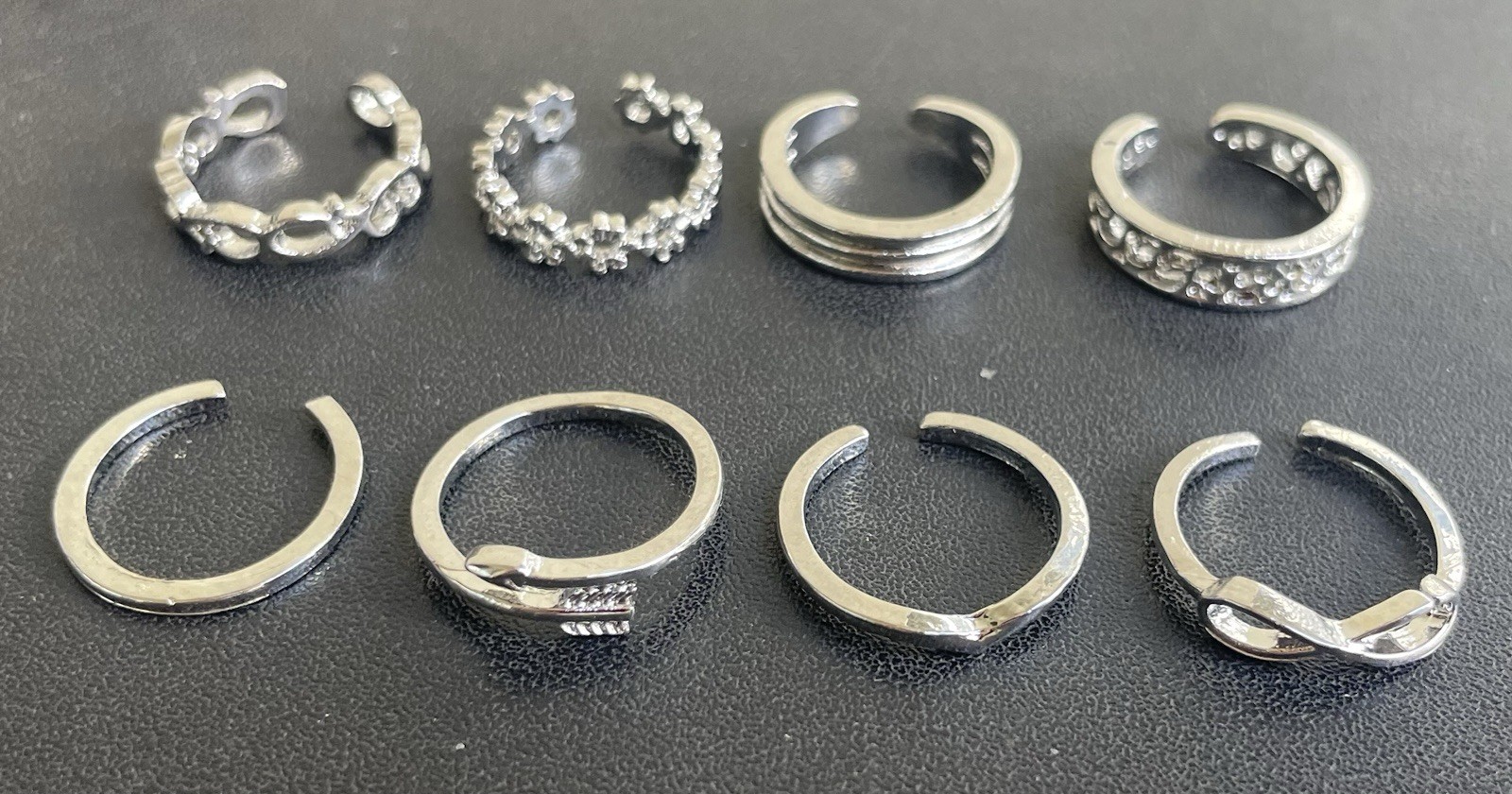 8 Silver Toe Rings Lot Adjustable + Gift Box As Shown