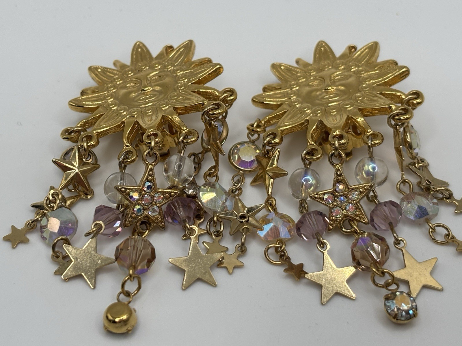 Kirks Folly Clip-On Celestial Sun Stars Vintage Dangle Gold Tone Earrings 3″