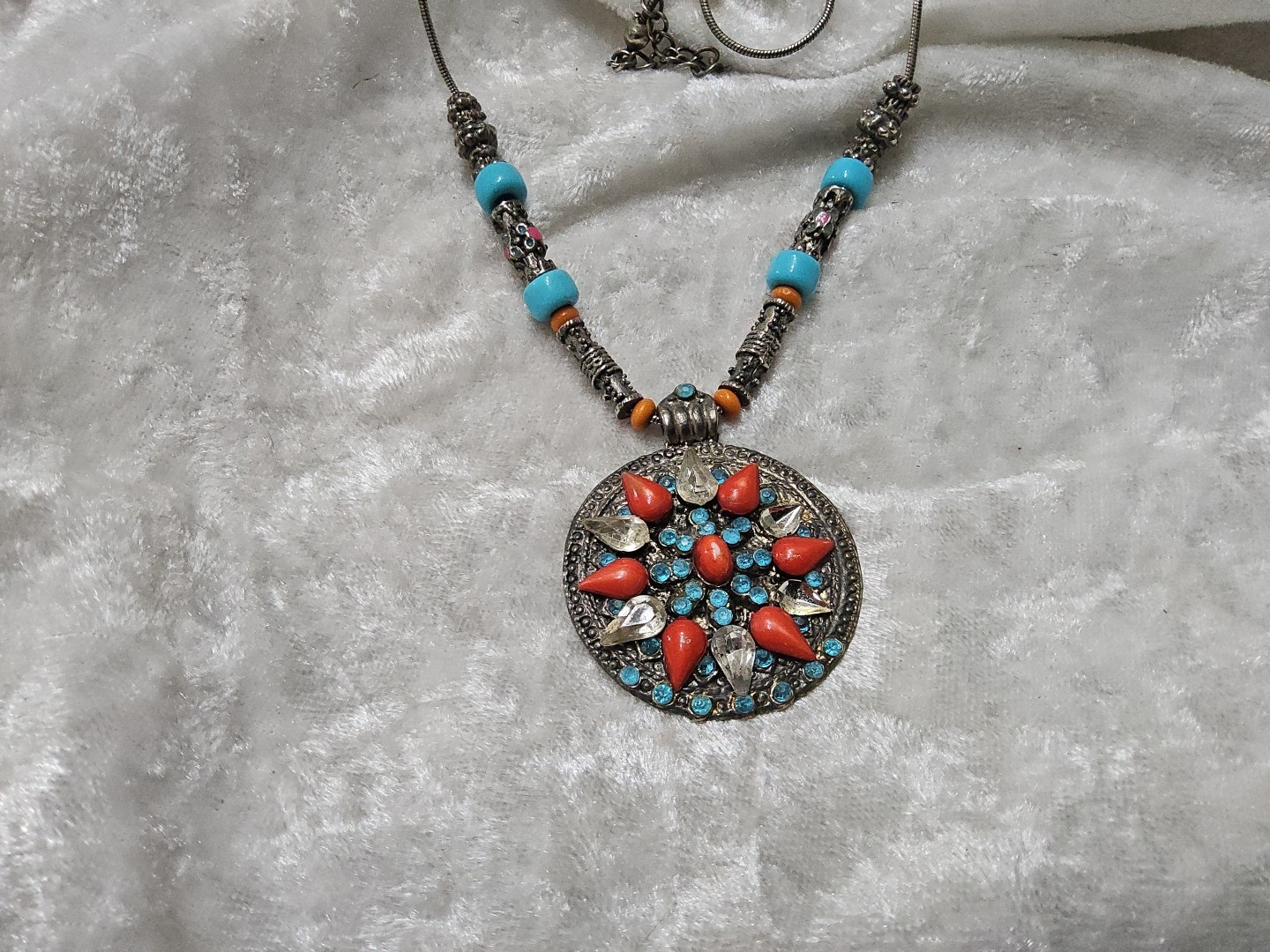 Silver Snake Chain Turquoise Blue Orange Glass Pendant Necklace 18in