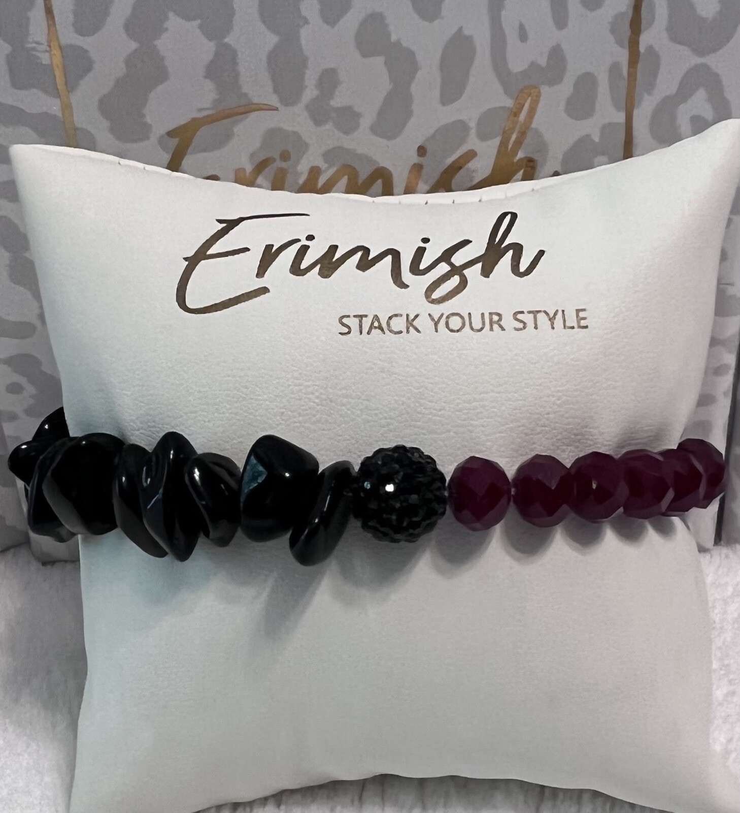NEW! ERIMISH BRACELET- Maroon Bead & Black Stone With Glitterball