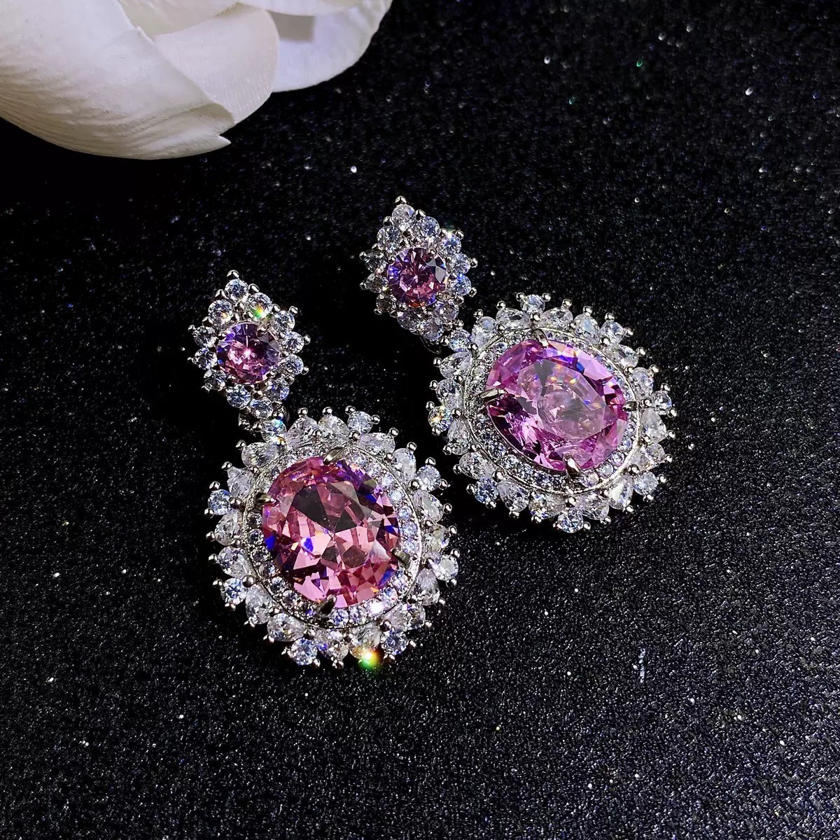 Vintage Pink Gemstone Jewelry Set – 3PC Dangle Earrings, Pendant Necklace & Ring