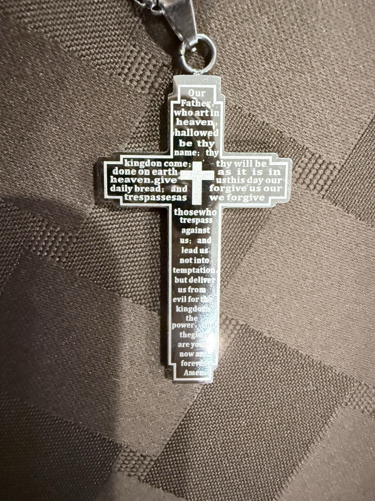 Silver Tone Lord’s Prayer Cross Pendant Necklace – 23.5″ Rope Chain, 25g