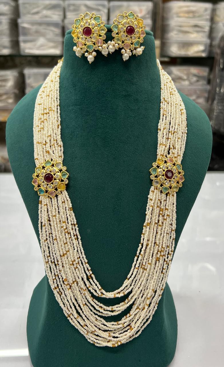 White Pearl Multi Strand Necklace Navratan Pendant Indian Jewelry With Earrings