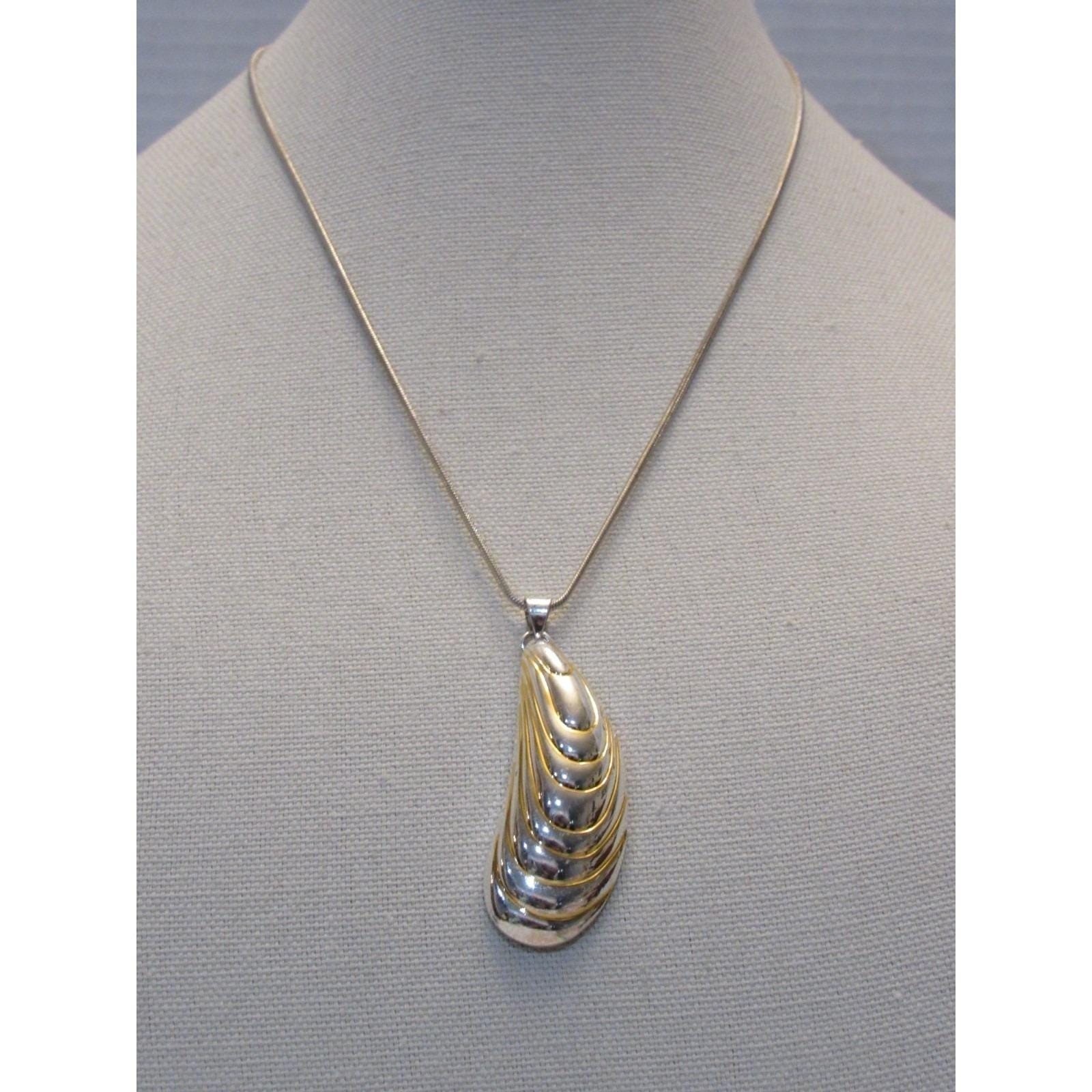 Two Tone Silver Gold Sculptural Shell Pendant Snake Chain Necklace Modernist