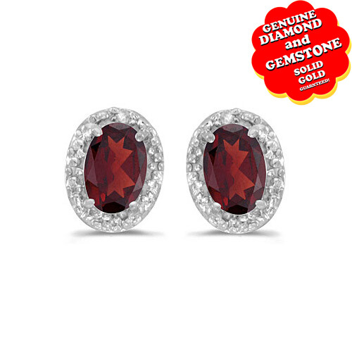 14k White Gold 0.96 Ct Oval Cut Garnet & Natural Diamond Earrings