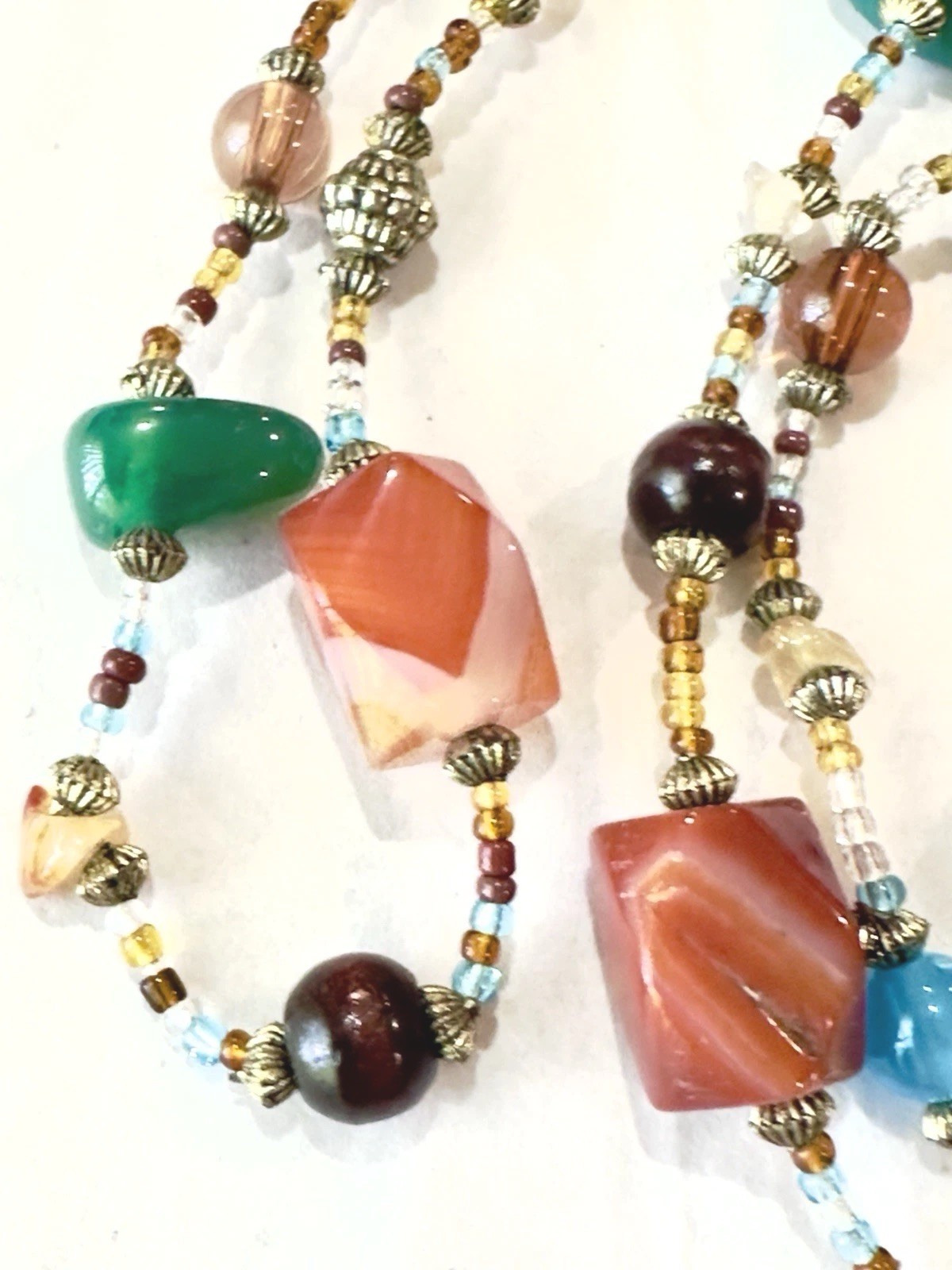 Agate Gemstone Bead Necklace 42” Multicolor Stone Glass Metal & Seed Beads Boho