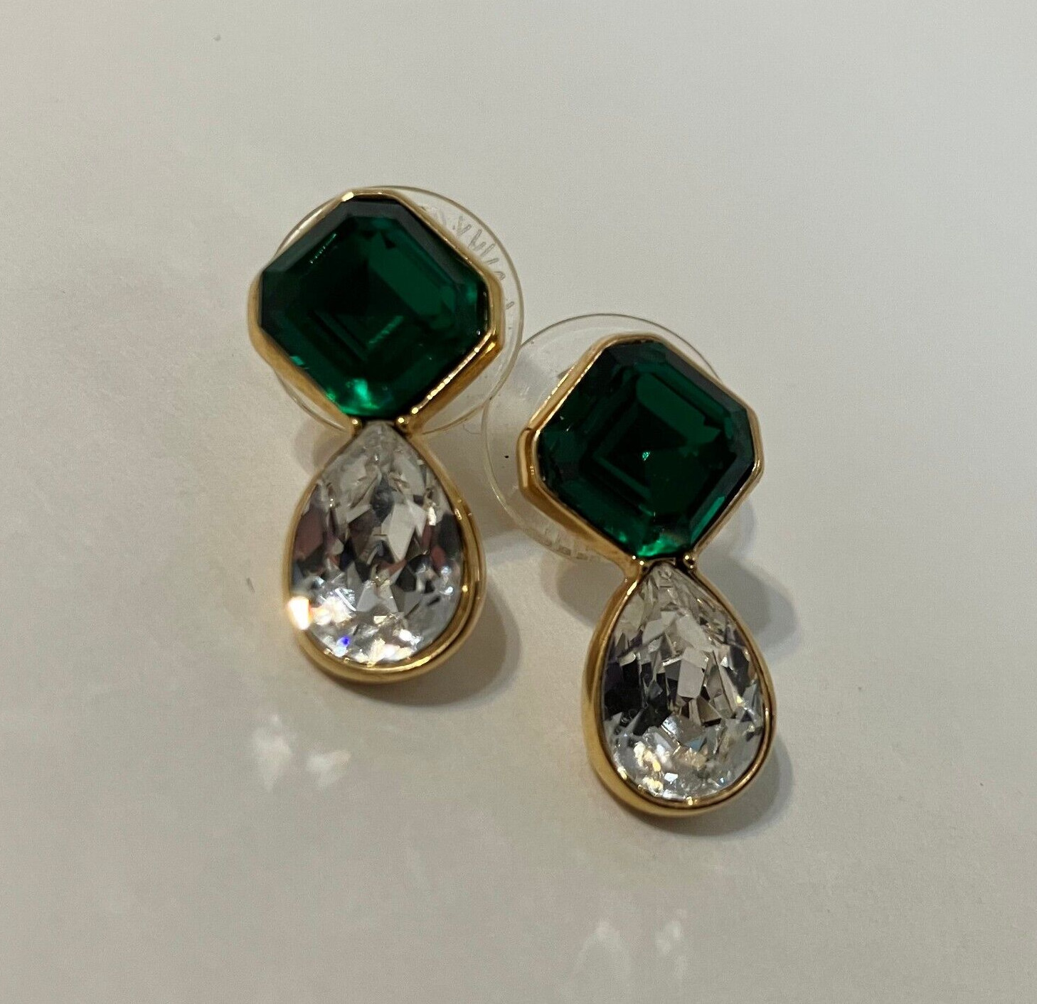 S.A.L. Earrings Green Clear Crystal Rhinestone Gold Tone Metal Tear Drop Post