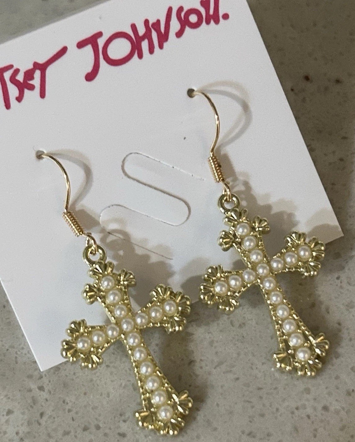 Betsey Johnson Yellow Enamel Crystal Pearl Crucifix Cross Dangle Earrings NWT