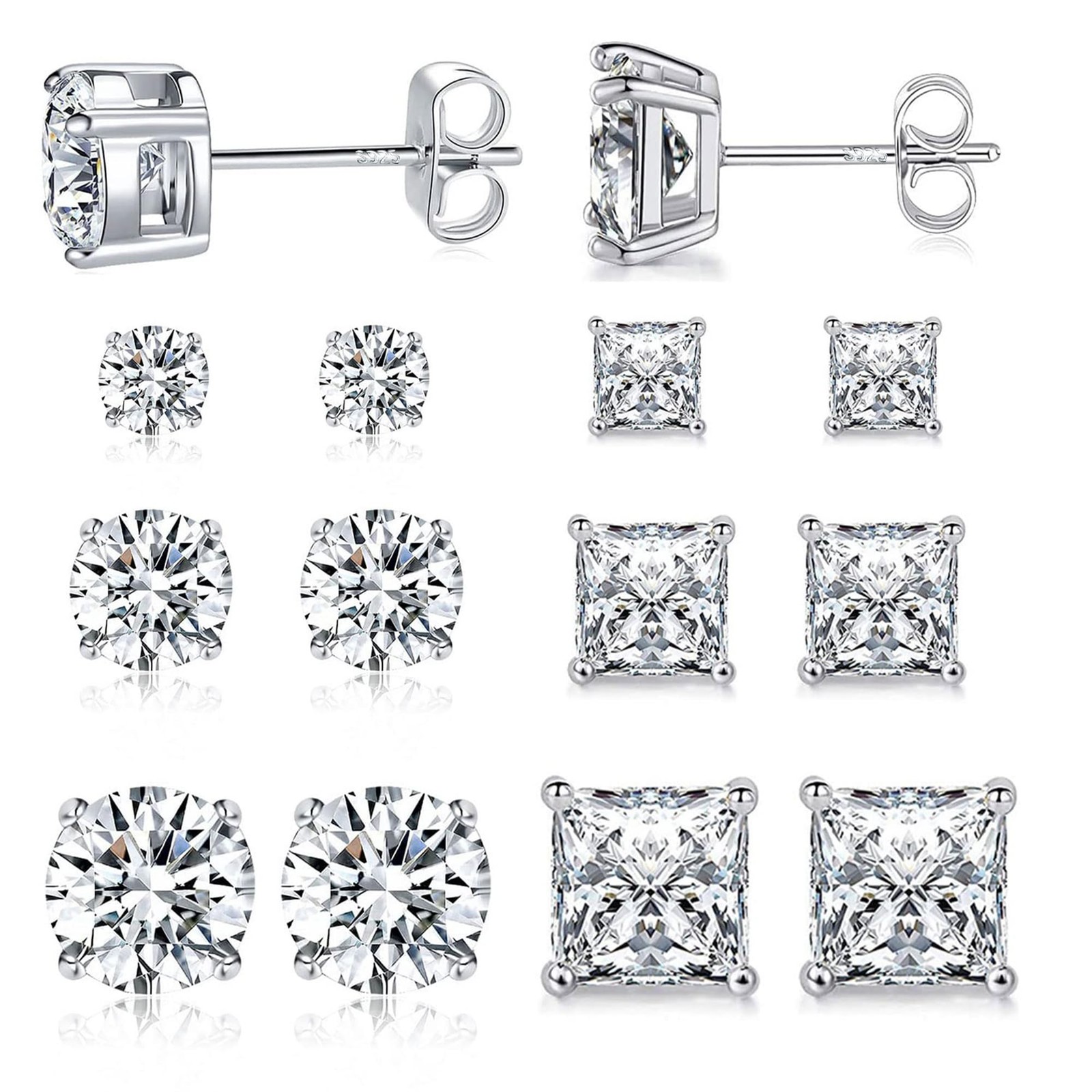 MDFUN 6 Pairs 925 Sterling Silver Post Stud Earrings Set 3mm/5mm/7mm Princess…