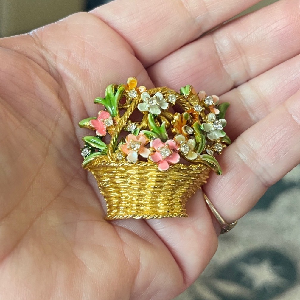 My Fair Lady Vintage Enamel Flower Basket Brooch Gold Tone Rhinestone Boquet Pin
