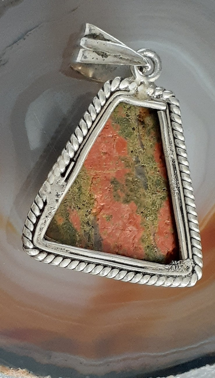 1.75″ Triangular Unakite & Sterling Gemstone Pendant