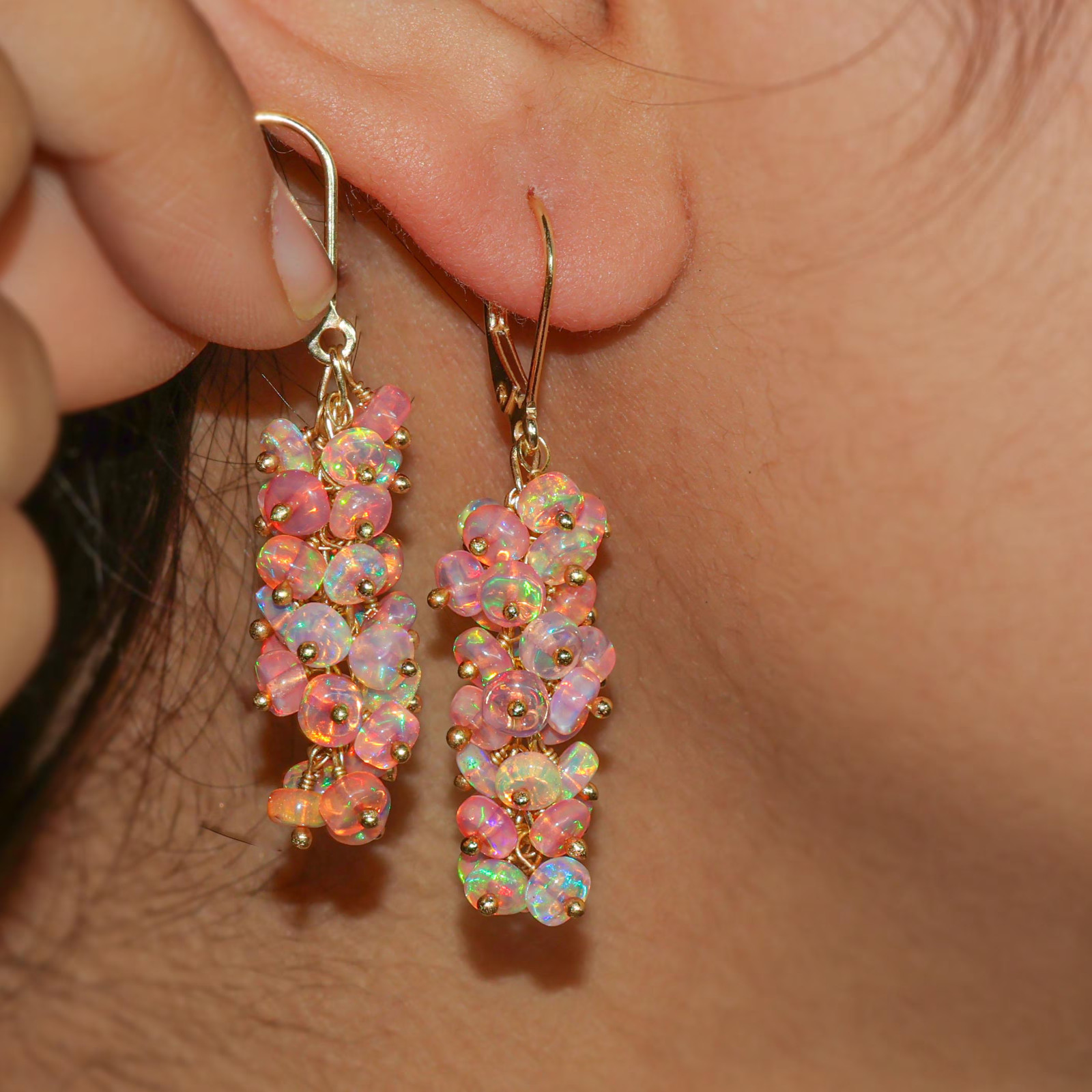 Natural Red Opal Cluster Earring, Fire Opal Dangle Earrings for Women, Natural